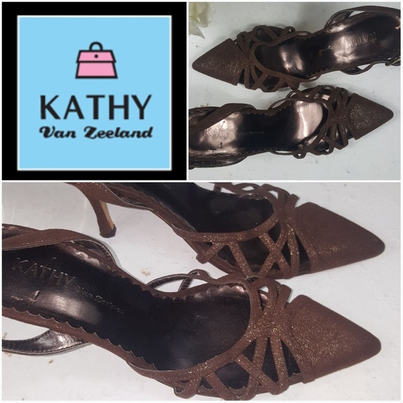 Kathy Van Zeeland Vintage Y2K Suede Leather Brown Pointed Toe Heels with GLITTER - Picture 8 of 8